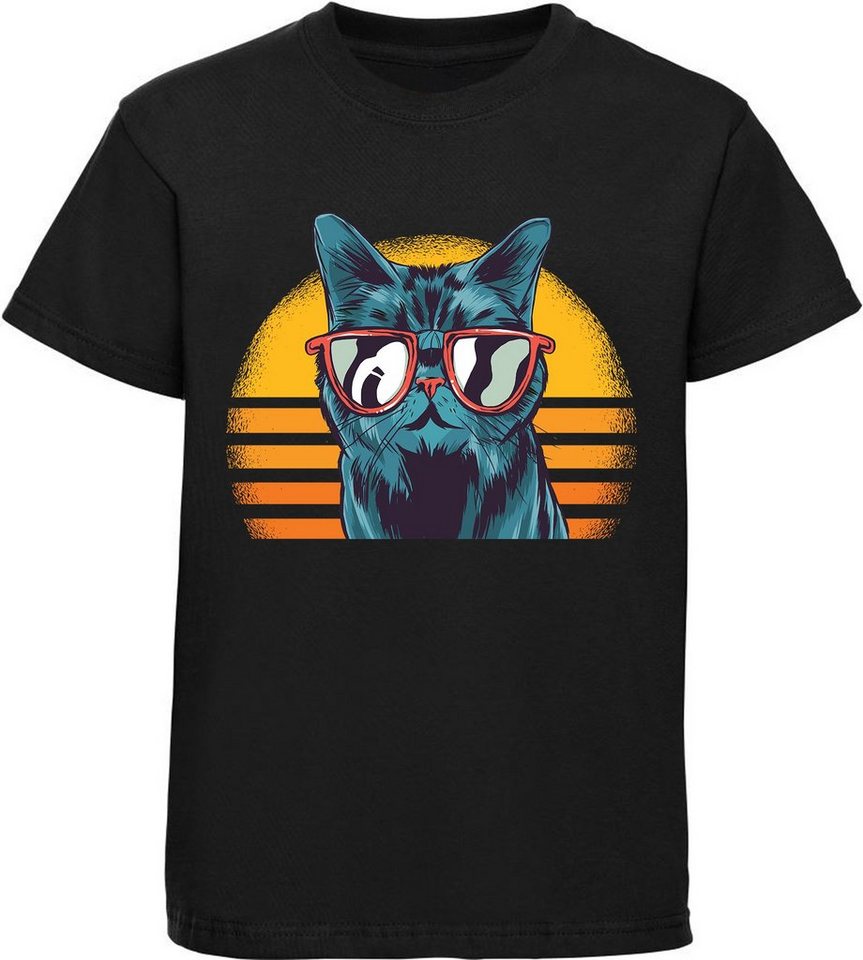 MyDesign24 Print-Shirt bedrucktes Kinder Mädchen T-Shirt coole Retro Katze mit Sonnenbrille Baumwollshirt mit Katze, weiß, schwarz, rot, rosa, i102 von MyDesign24