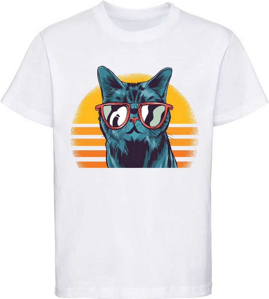 MyDesign24 Print-Shirt bedrucktes Kinder Mädchen T-Shirt coole Retro Katze mit Sonnenbrille Baumwollshirt mit Katze, weiß, schwarz, rot, rosa, i102 von MyDesign24