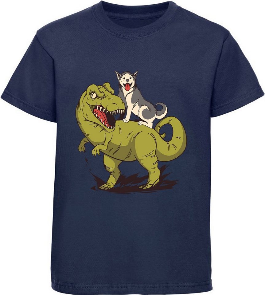 MyDesign24 Print-Shirt bedrucktes Kinder T-Shirt Hund auf T-Rex Baumwollshirt mit Dino, schwarz, weiß, rot, blau, i94 von MyDesign24