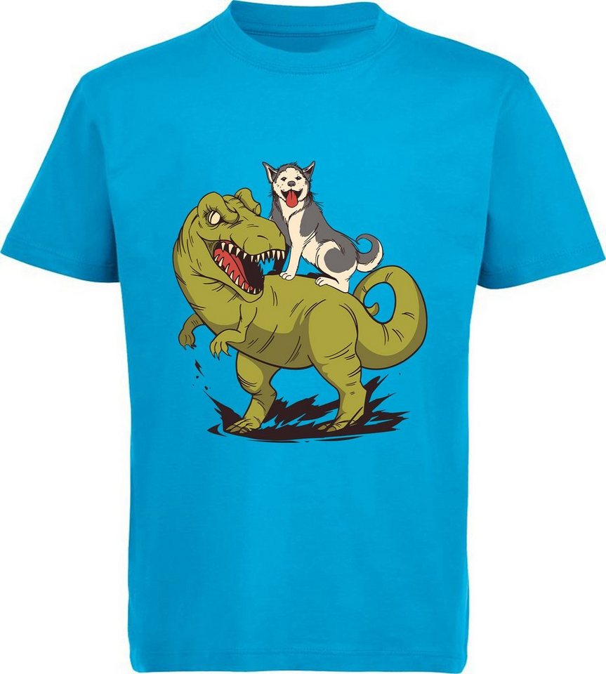 MyDesign24 Print-Shirt bedrucktes Kinder T-Shirt Hund auf T-Rex Baumwollshirt mit Dino, schwarz, weiß, rot, blau, i94 von MyDesign24