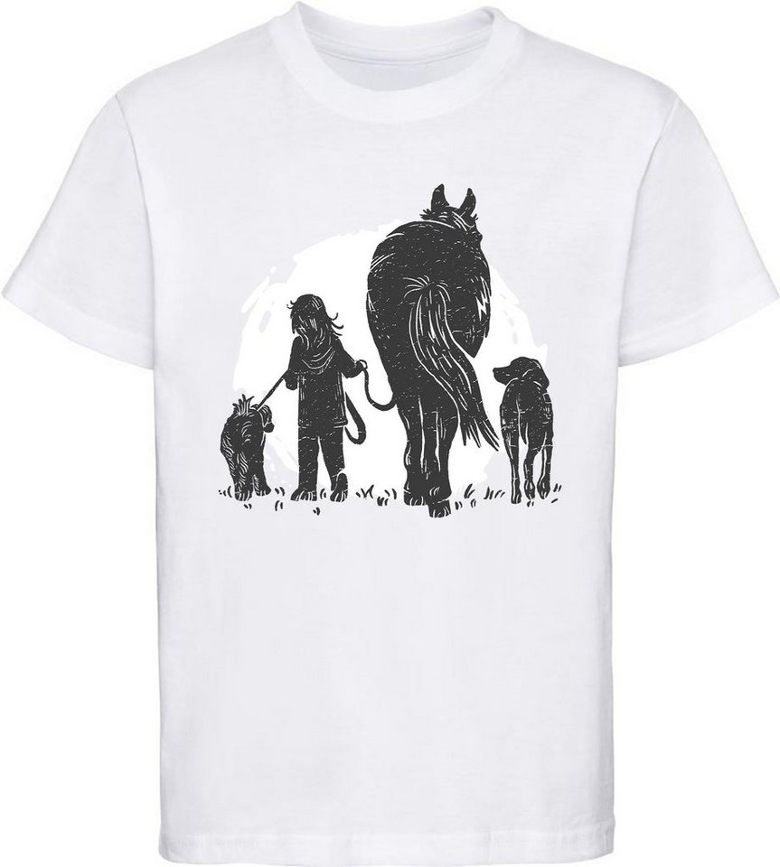 MyDesign24 Print-Shirt bedrucktes Kinder T-Shirt Mädchen führt Hund und Pferd aus Baumwollshirt mit Aufdruck, i150 von MyDesign24