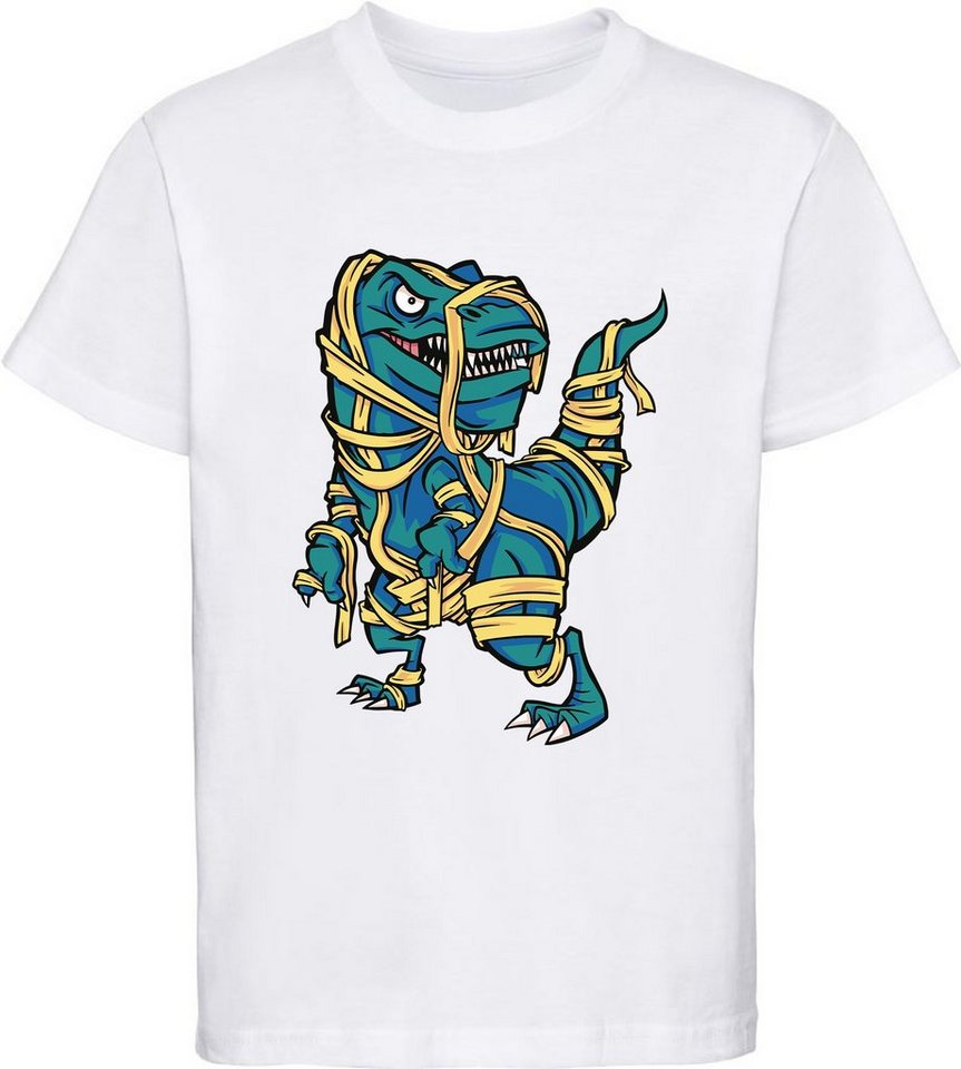 MyDesign24 Print-Shirt bedrucktes Kinder T-Shirt T-Rex in Papier eingewickelt Baumwollshirt mit Dino, schwarz, weiß, rot, blau, i97 von MyDesign24