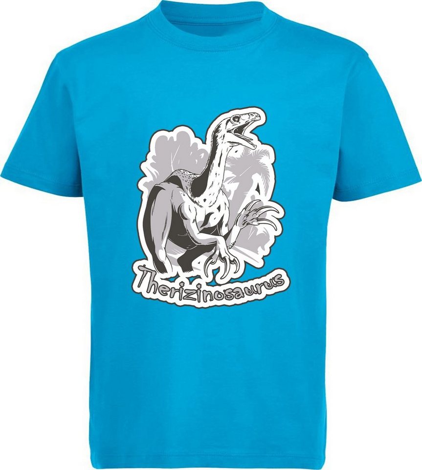 MyDesign24 Print-Shirt bedrucktes Kinder T-Shirt mit Therizinosaurus 100% Baumwolle mit Dino Aufdruck, schwarz, weiß, rot, blau, i40 von MyDesign24