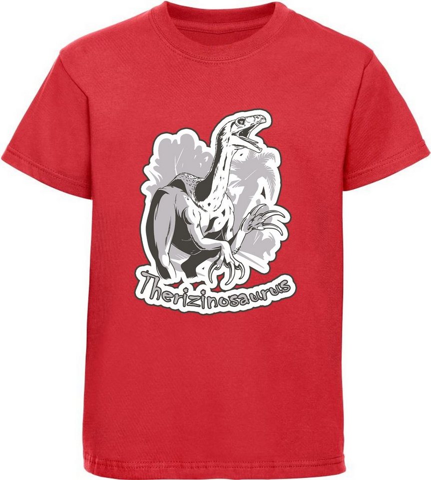 MyDesign24 Print-Shirt bedrucktes Kinder T-Shirt mit Therizinosaurus 100% Baumwolle mit Dino Aufdruck, schwarz, weiß, rot, blau, i40 von MyDesign24