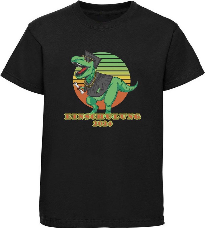 MyDesign24 Print-Shirt bedrucktes Kinder T-Shirt mit T-Rex mit Talar Einschulung 2024 schwarz, weiß, rot, blau, i35 von MyDesign24