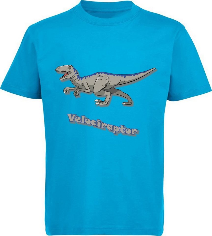 MyDesign24 Print-Shirt bedrucktes Kinder T-Shirt mit Velociraptor 100% Baumwolle mit Dino Aufdruck, schwarz, weiß, rot, blau, i64 von MyDesign24