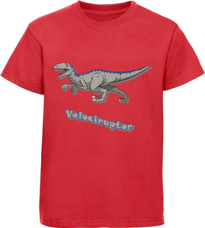 MyDesign24 Print-Shirt bedrucktes Kinder T-Shirt mit Velociraptor 100% Baumwolle mit Dino Aufdruck, schwarz, weiß, rot, blau, i64 von MyDesign24