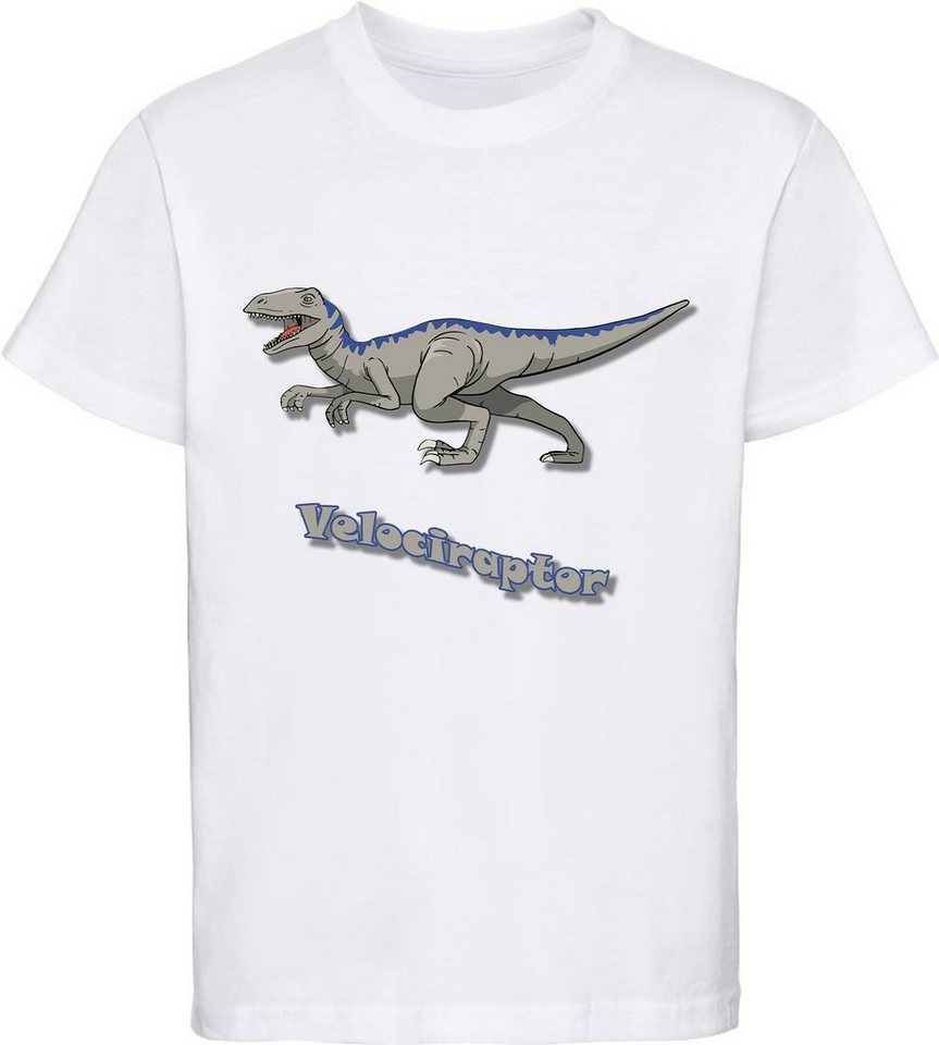 MyDesign24 Print-Shirt bedrucktes Kinder T-Shirt mit Velociraptor 100% Baumwolle mit Dino Aufdruck, schwarz, weiß, rot, blau, i64 von MyDesign24