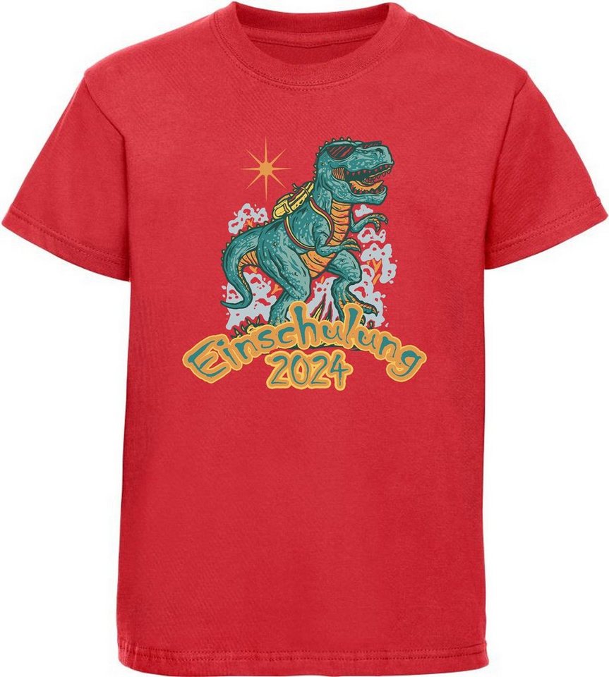 MyDesign24 Print-Shirt bedrucktes Kinder T-Shirt mit brüllendem T-Rex mit Schultasche Baumwollshirt Einschulung 2024,schwarz,weiß,rot,blau,i41 von MyDesign24