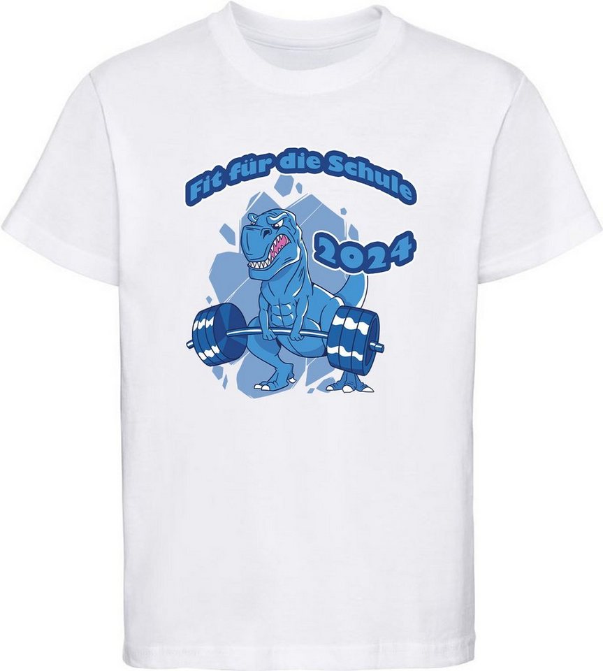 MyDesign24 Print-Shirt bedrucktes Kinder T-Shirt - Fit für die Schule 2024 mit blauem T-Rex Baumwollshirt für Einschulung i31, weiß von MyDesign24
