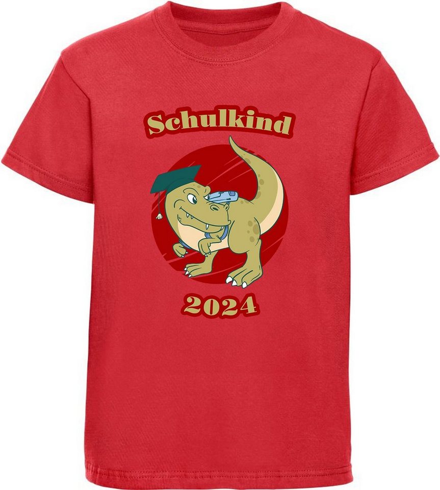 MyDesign24 Print-Shirt bedrucktes Kinder T-Shirt Einschulung Schulkind 2024 mit T-Rex 100% Baumwolle mit Dino Aufdruck, rot, i30 von MyDesign24