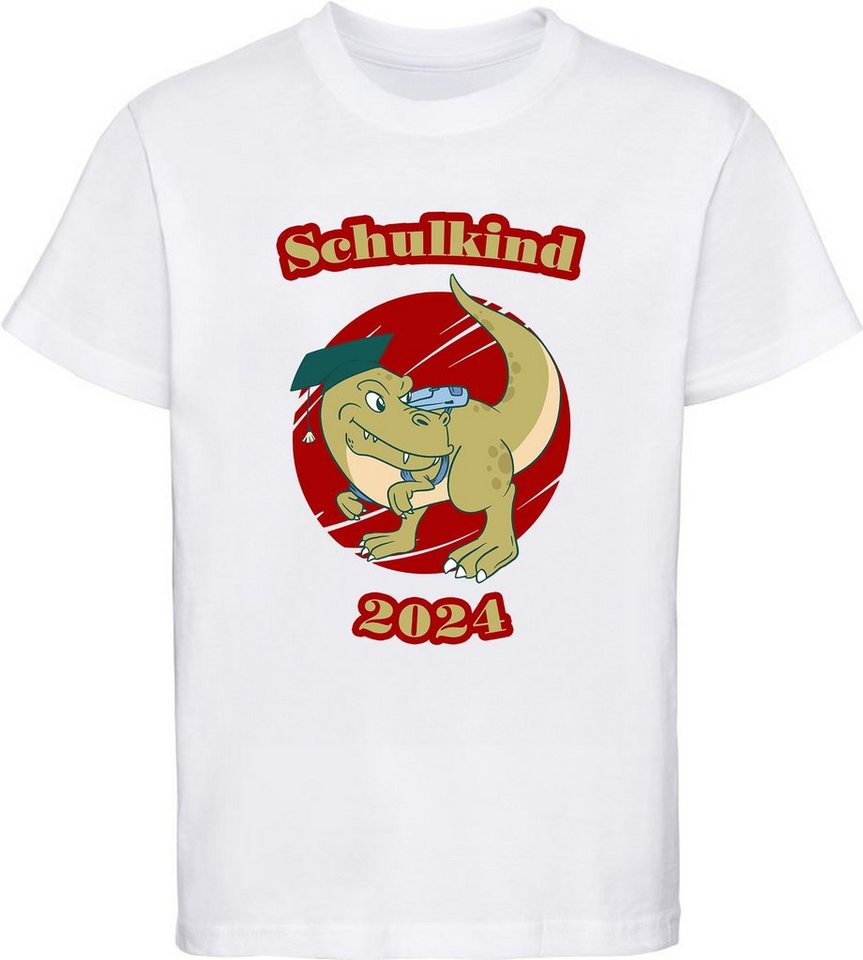 MyDesign24 Print-Shirt bedrucktes Kinder T-Shirt Einschulung Schulkind 2024 mit T-Rex 100% Baumwolle mit Dino Aufdruck, weiß, i30 von MyDesign24