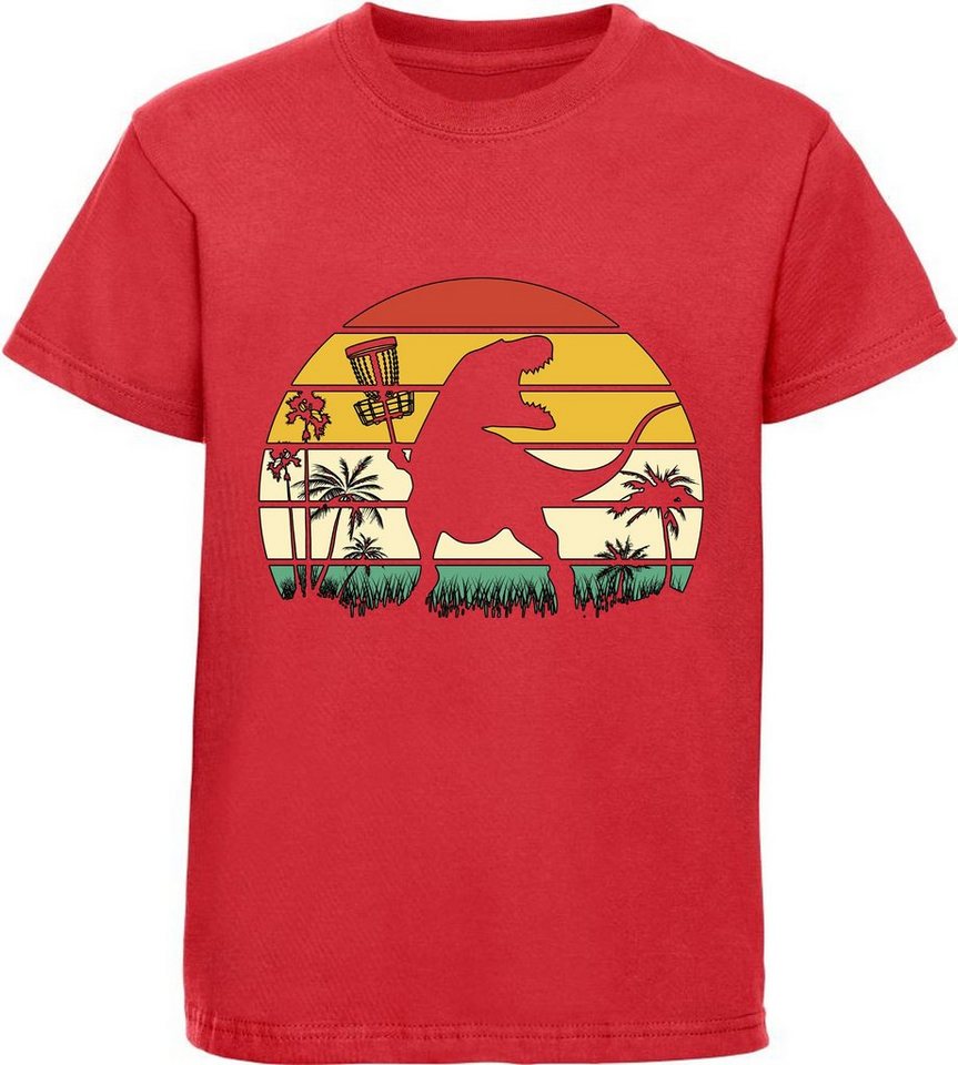 MyDesign24 Print-Shirt bedrucktes Kinder T-Shirt Retro mit T-Rex Schatten 100% Baumwolle mit Dino Aufdruck, rot i34 von MyDesign24