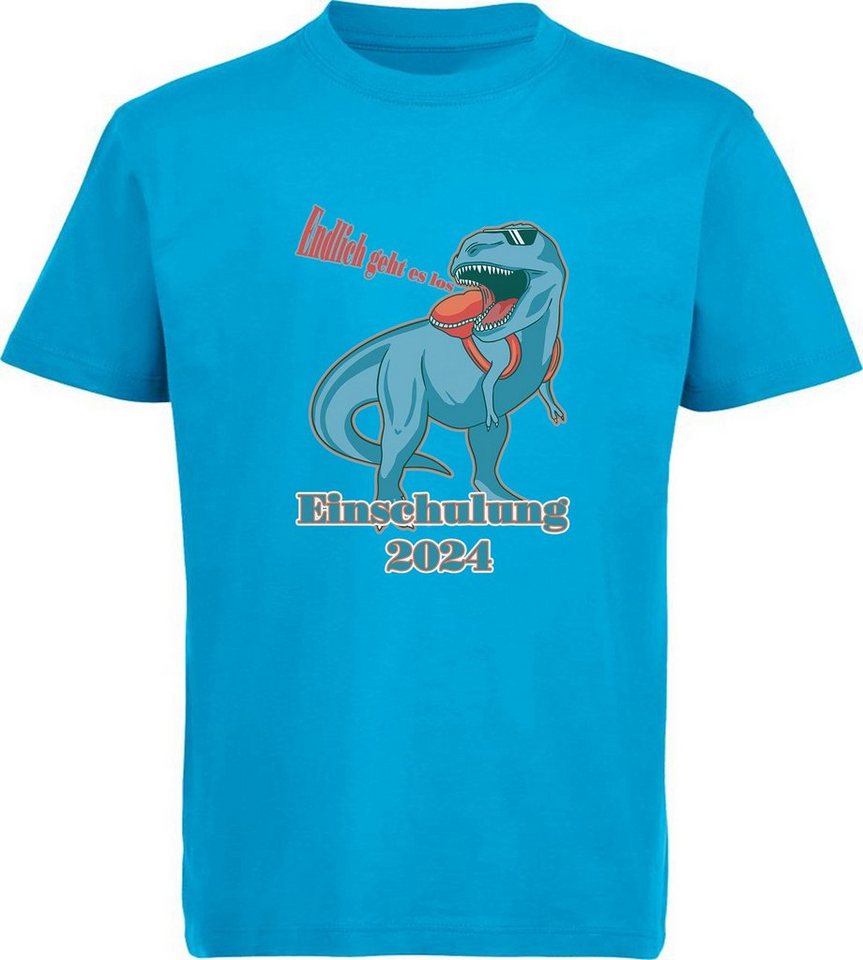 MyDesign24 Print-Shirt bedrucktes Kinder T-Shirt T-Rex - Endlich geht es los Baumwollshirt Einschulung 2024 Aufdruck, schwarz, weiß, rot, blau, i37 von MyDesign24