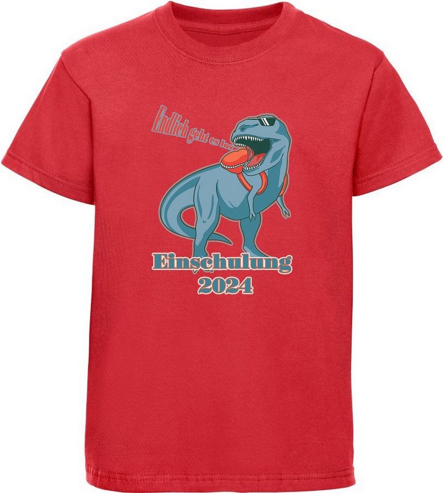 MyDesign24 Print-Shirt bedrucktes Kinder T-Shirt T-Rex - Endlich geht es los Baumwollshirt Einschulung 2024 Aufdruck, schwarz, weiß, rot, blau, i37 von MyDesign24