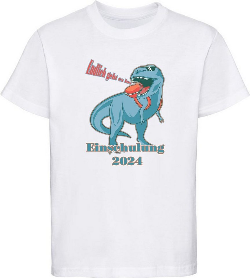 MyDesign24 Print-Shirt bedrucktes Kinder T-Shirt T-Rex - Endlich geht es los Baumwollshirt Einschulung 2024 Aufdruck, schwarz, weiß, rot, blau, i37 von MyDesign24