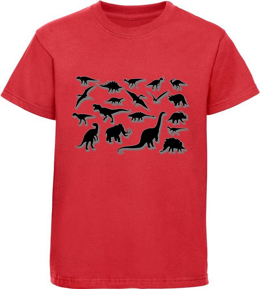 MyDesign24 Print-Shirt bedrucktes Kinder T-Shirt mit vielen Dinosaurier Silhouetten Baumwollshirt mit Dino, schwarz, weiß, rot, blau, i82 von MyDesign24