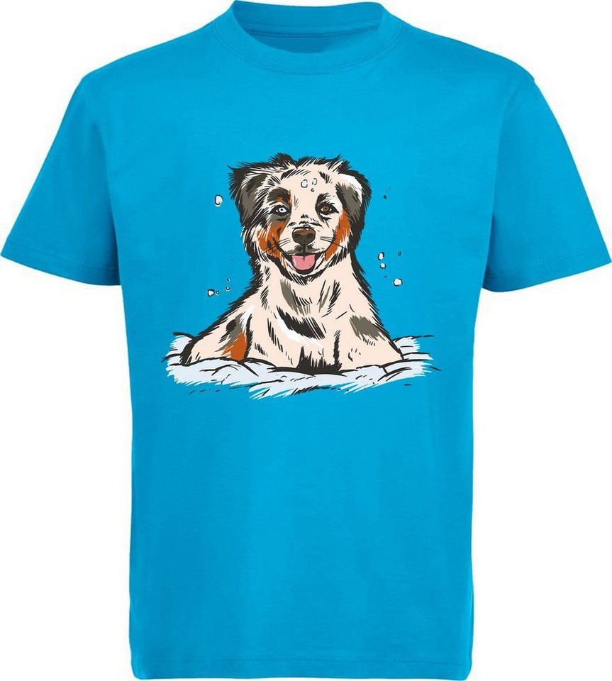 MyDesign24 Print-Shirt bedrucktes Kinder und Jugend Hunde T-Shirt Australian Shepherd Welpe Baumwollshirt mit Aufdruck, i216 von MyDesign24