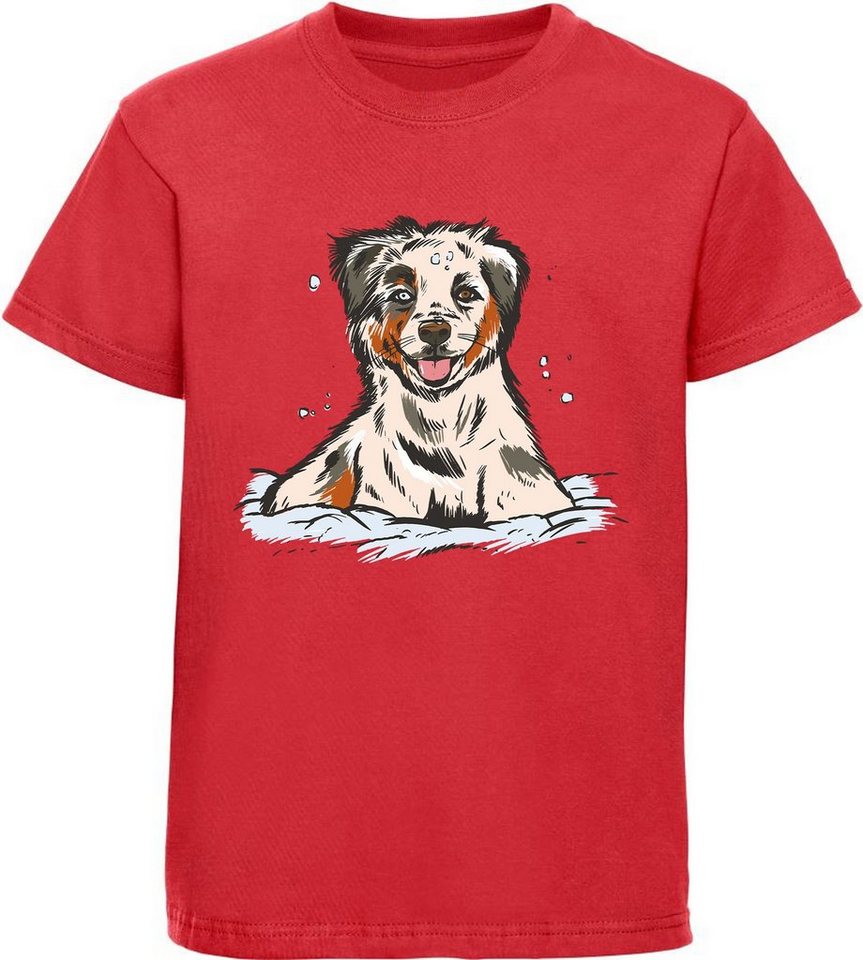 MyDesign24 Print-Shirt bedrucktes Kinder und Jugend Hunde T-Shirt Australian Shepherd Welpe Baumwollshirt mit Aufdruck, i216 von MyDesign24