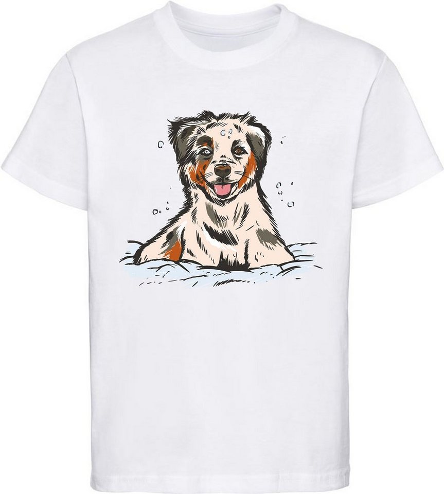 MyDesign24 Print-Shirt bedrucktes Kinder und Jugend Hunde T-Shirt Australian Shepherd Welpe Baumwollshirt mit Aufdruck, i216 von MyDesign24