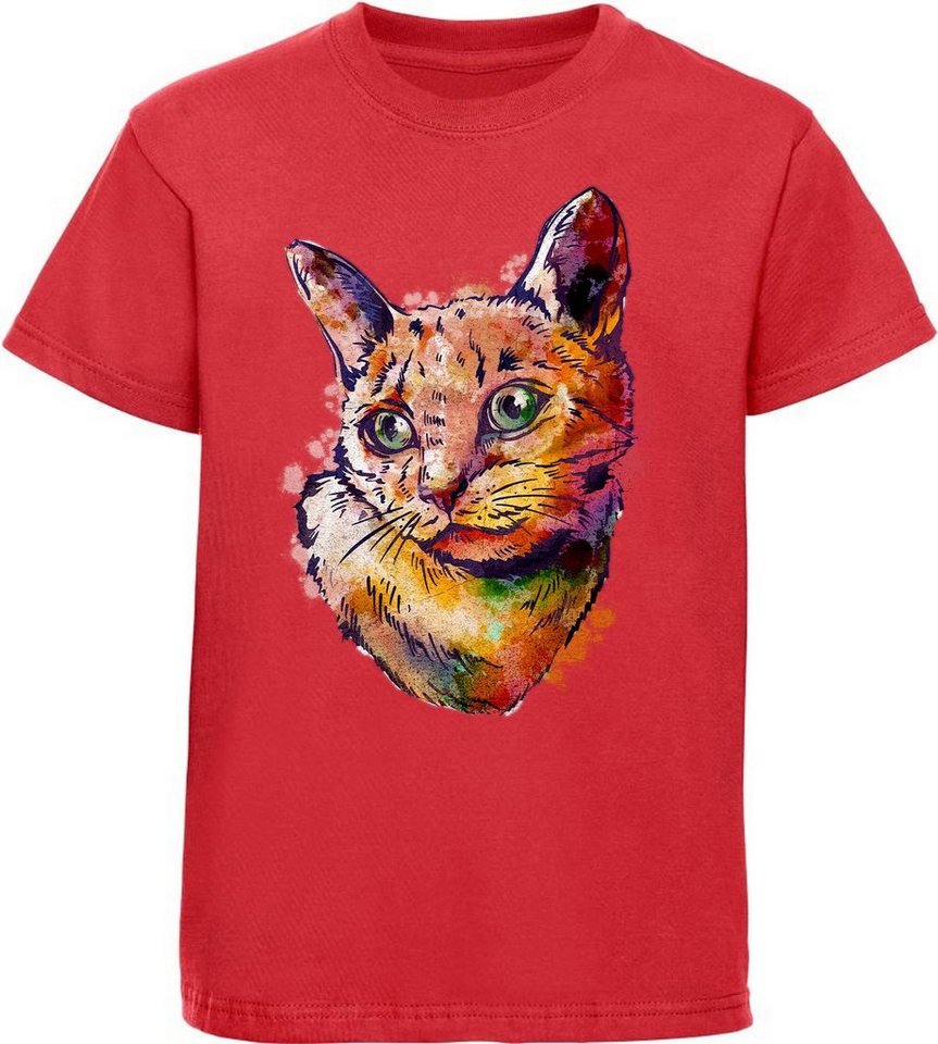 MyDesign24 Print-Shirt bedrucktes Mädchen Katzen T-Shirt in Ölfarbenoptik Baumwollshirt mit Aufdruck, weiß, schwarz, rot, rosa, i114 von MyDesign24