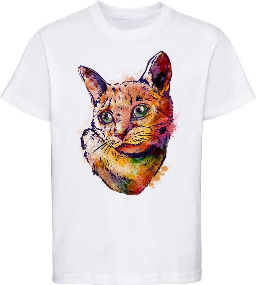 MyDesign24 Print-Shirt bedrucktes Mädchen Katzen T-Shirt in Ölfarbenoptik Baumwollshirt mit Aufdruck, weiß, schwarz, rot, rosa, i114 von MyDesign24