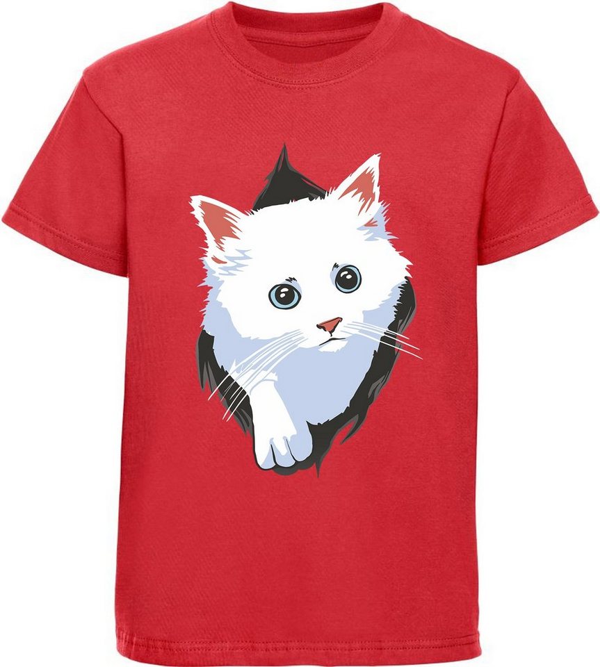 MyDesign24 Print-Shirt bedrucktes Mädchen Katzen T-Shirt - weiße Katze aus dem Shirt Baumwollshirt mit Aufdruck, schwarz, rot, weiß, rosa, i113 von MyDesign24