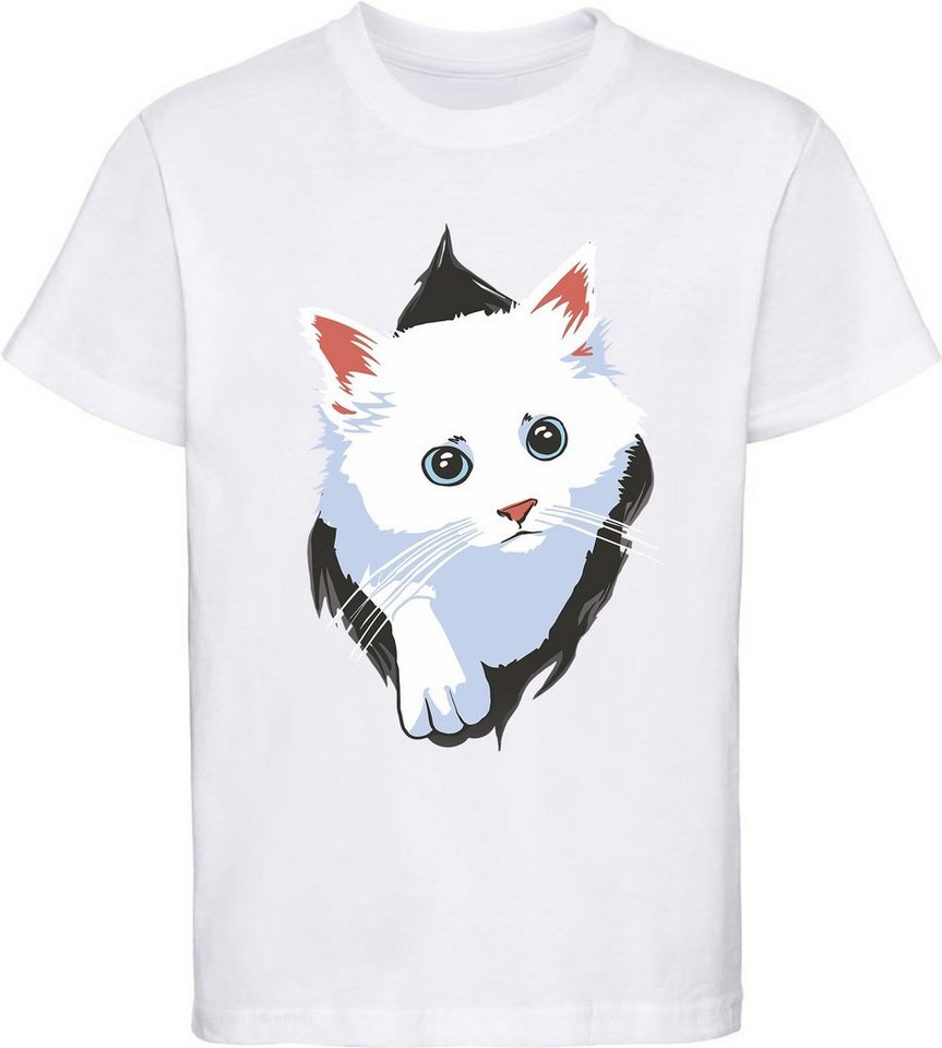 MyDesign24 Print-Shirt bedrucktes Mädchen Katzen T-Shirt - weiße Katze aus dem Shirt Baumwollshirt mit Aufdruck, schwarz, rot, weiß, rosa, i113 von MyDesign24