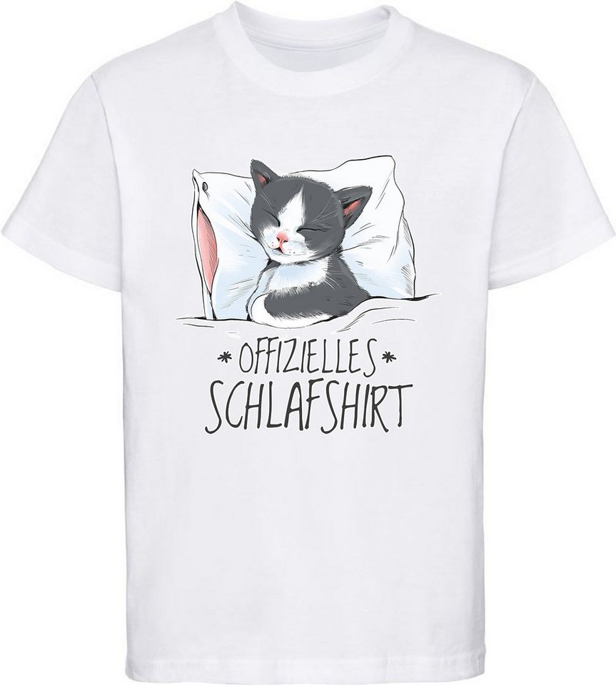 MyDesign24 Print-Shirt bedrucktes Mädchen T-Shirt Katze auf Kissen - Schlafshirt Baumwollshirt mit Aufdruck, weiß, schwarz, rot, rosa, i126 von MyDesign24