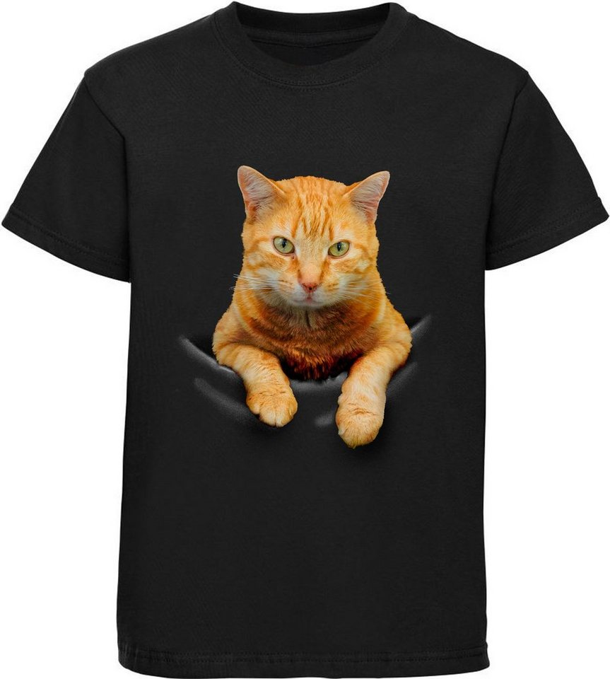 MyDesign24 Print-Shirt bedrucktes Mädchen T-Shirt Katze in der Tasche Baumwollshirt mit Katze, weiß, schwarz, rot, rosa, i109 von MyDesign24