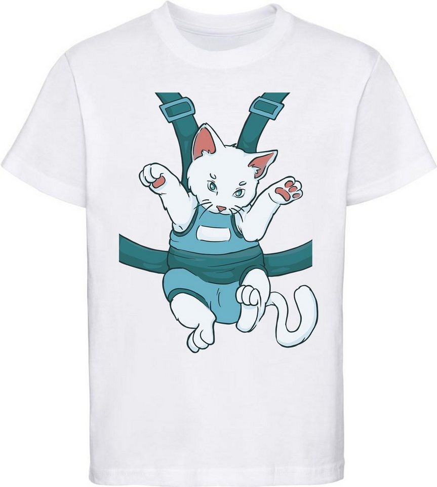 MyDesign24 Print-Shirt bedrucktes Mädchen T-Shirt Katze in einem Tragegurt Baumwollshirt mit Katze, weiß, schwarz, rot, rosa, i110 von MyDesign24