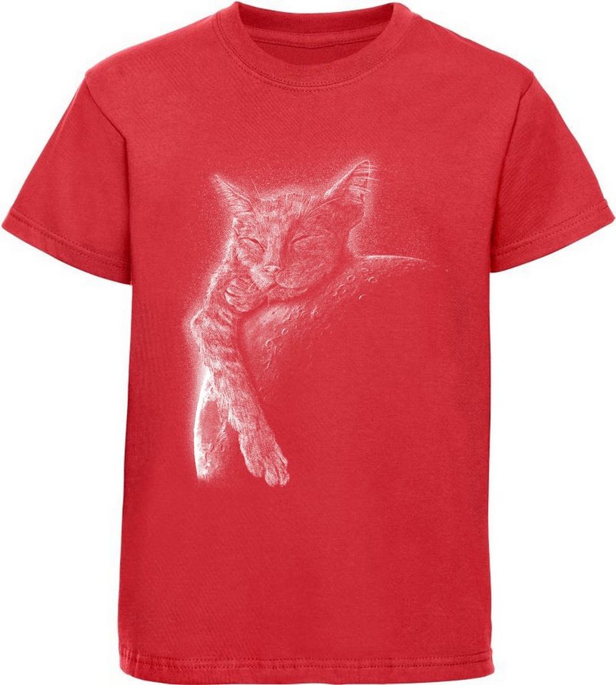 MyDesign24 Print-Shirt bedrucktes Mädchen T-Shirt Katze schlafend am Mond Baumwollshirt mit Aufdruck, schwarz, rot, i123 von MyDesign24