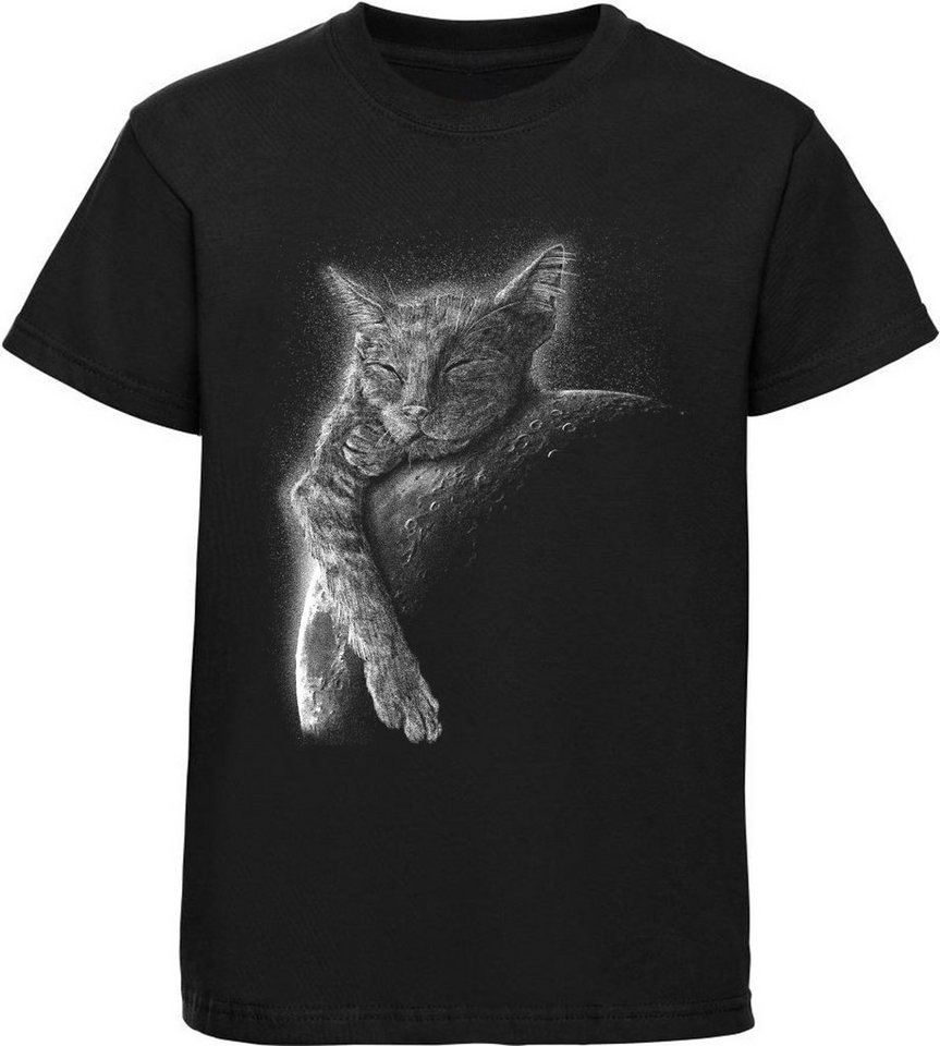 MyDesign24 Print-Shirt bedrucktes Mädchen T-Shirt Katze schlafend am Mond Baumwollshirt mit Aufdruck, schwarz, rot, i123 von MyDesign24