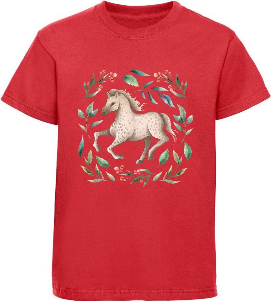 MyDesign24 Print-Shirt bedrucktes Mädchen T-Shirt - Laufendes Pferd im Blumenkranz Baumwollshirt mit Aufdruck, i161 von MyDesign24