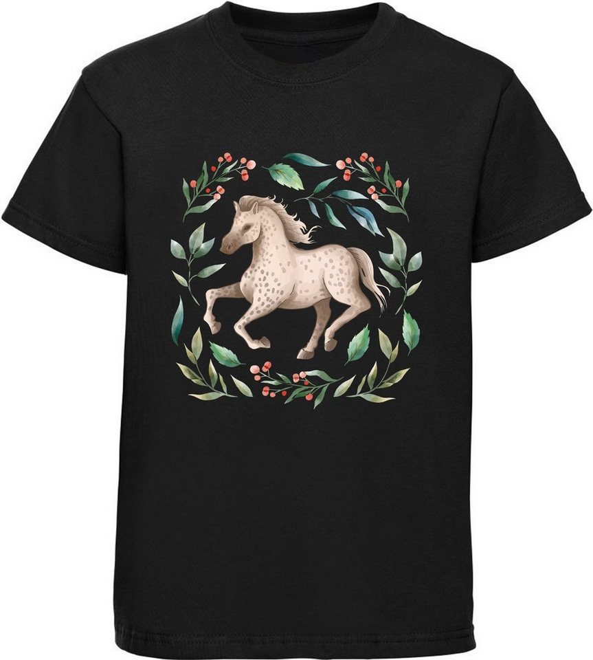 MyDesign24 Print-Shirt bedrucktes Mädchen T-Shirt - Laufendes Pferd im Blumenkranz Baumwollshirt mit Aufdruck, i161 von MyDesign24