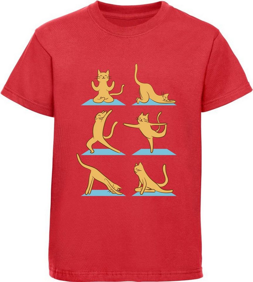 MyDesign24 Print-Shirt bedrucktes Mädchen T-Shirt Yoga Katze Baumwollshirt mit Aufdruck, weiß, schwarz, rot, rosa, i131 von MyDesign24