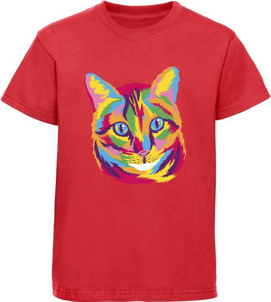 MyDesign24 Print-Shirt bedrucktes Mädchen T-Shirt bunter Kopf einer Katze Baumwollshirt mit Aufdruck, weiß, schwarz, rot, rosa, i125 von MyDesign24