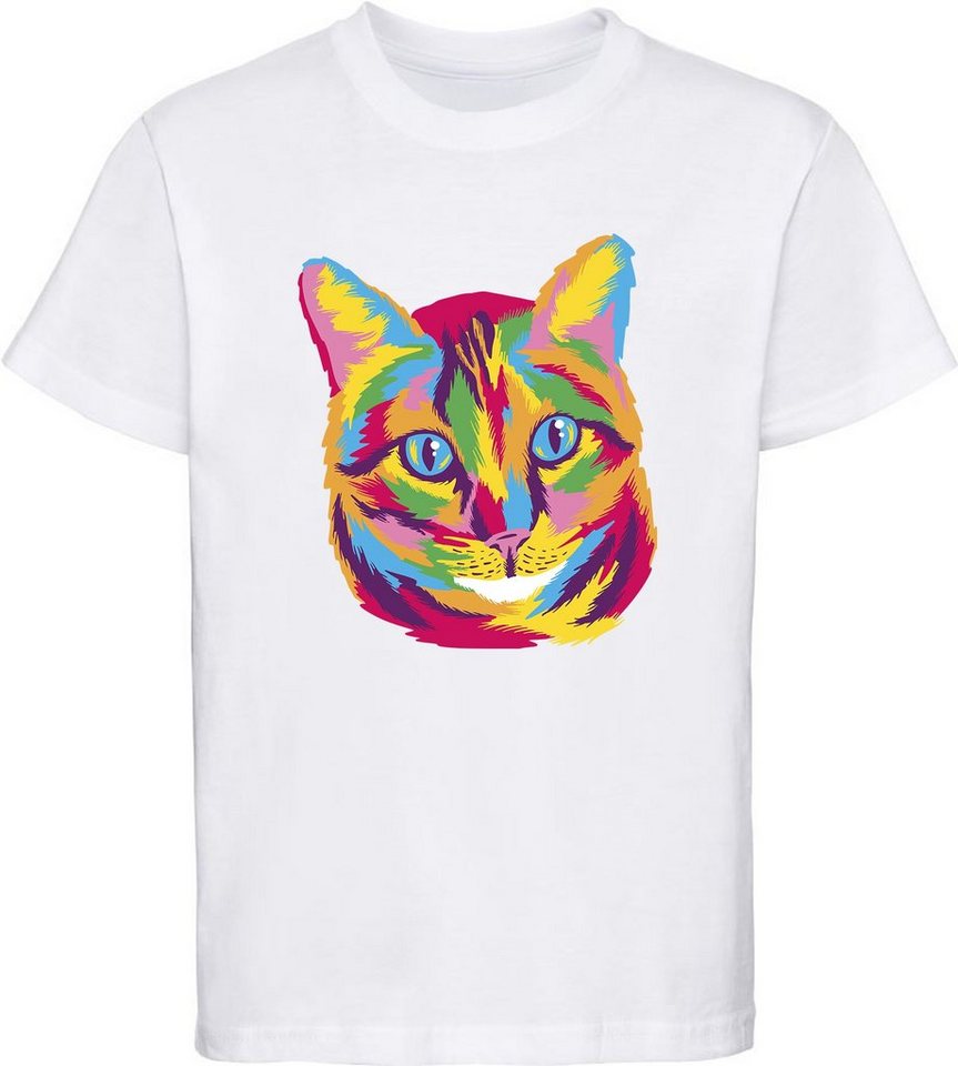 MyDesign24 Print-Shirt bedrucktes Mädchen T-Shirt bunter Kopf einer Katze Baumwollshirt mit Aufdruck, weiß, schwarz, rot, rosa, i125 von MyDesign24