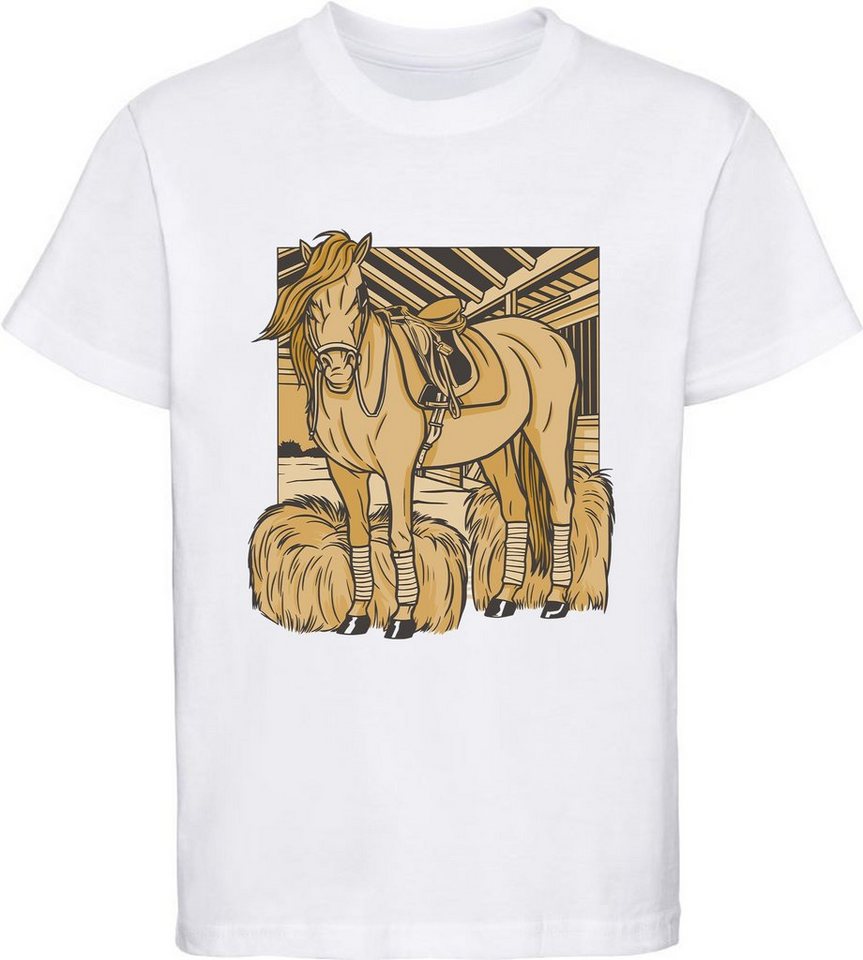 MyDesign24 Print-Shirt bedrucktes Mädchen T-Shirt ein Pferd im Stall Baumwollshirt mit Aufdruck, i147 von MyDesign24