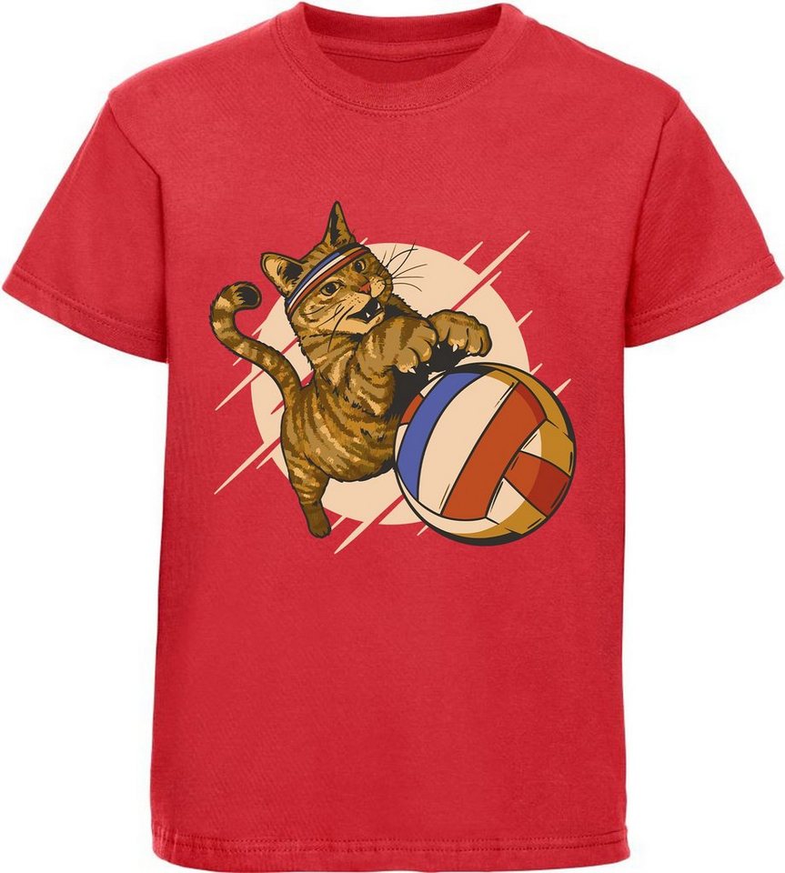 MyDesign24 Print-Shirt bedrucktes Mädchen T-Shirt eine Katze beim Volleyball Baumwollshirt mit Aufdruck, weiß, schwarz, rot, i121 von MyDesign24