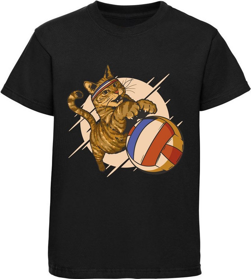 MyDesign24 Print-Shirt bedrucktes Mädchen T-Shirt eine Katze beim Volleyball Baumwollshirt mit Aufdruck, weiß, schwarz, rot, i121 von MyDesign24