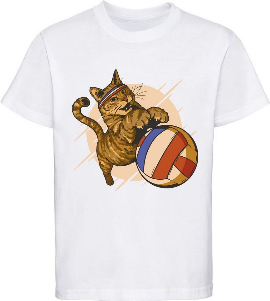 MyDesign24 Print-Shirt bedrucktes Mädchen T-Shirt eine Katze beim Volleyball Baumwollshirt mit Aufdruck, weiß, schwarz, rot, i121 von MyDesign24