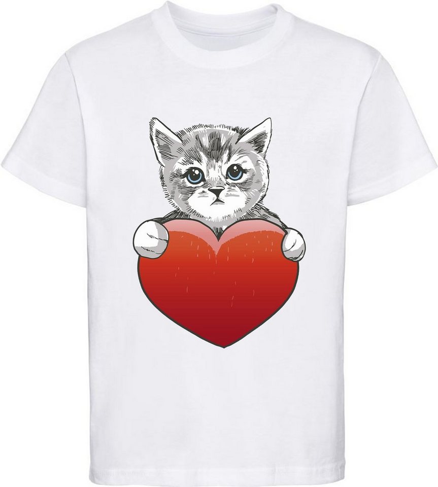 MyDesign24 Print-Shirt bedrucktes Mädchen T-Shirt eine Katze mit Herz Baumwollshirt mit Aufdruck, weiß, schwarz, rot, rosa, i120 von MyDesign24