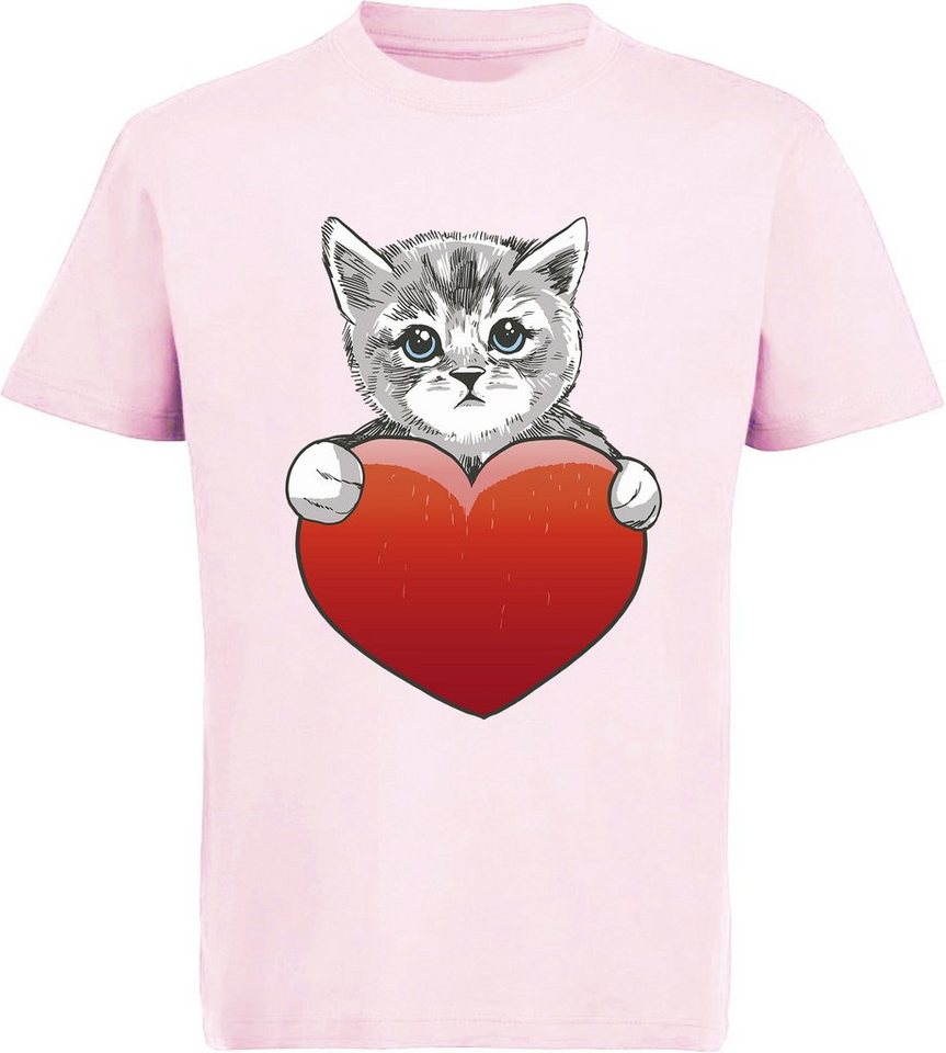MyDesign24 Print-Shirt bedrucktes Mädchen T-Shirt eine Katze mit Herz Baumwollshirt mit Aufdruck, weiß, schwarz, rot, rosa, i120 von MyDesign24