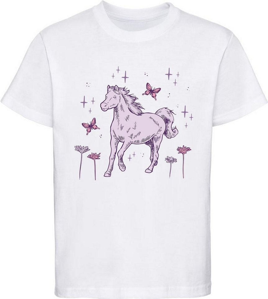 MyDesign24 Print-Shirt bedrucktes Mädchen T-Shirt galoppierendes Pferd und Blumen Baumwollshirt mit Aufdruck, i144 von MyDesign24