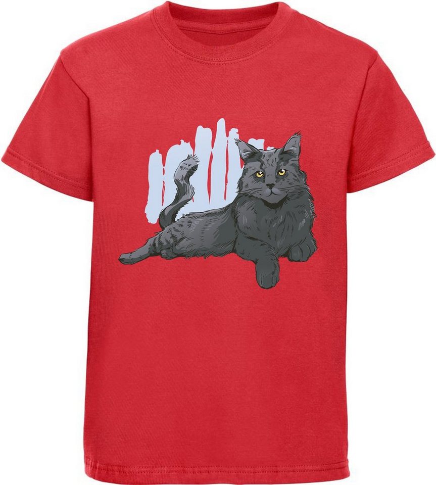 MyDesign24 Print-Shirt bedrucktes Mädchen T-Shirt mit liegender schwarzer Katze 100% Baumwolle mit Katzen Aufdruck, weiß, schwarz, rot, rosa, i108 von MyDesign24