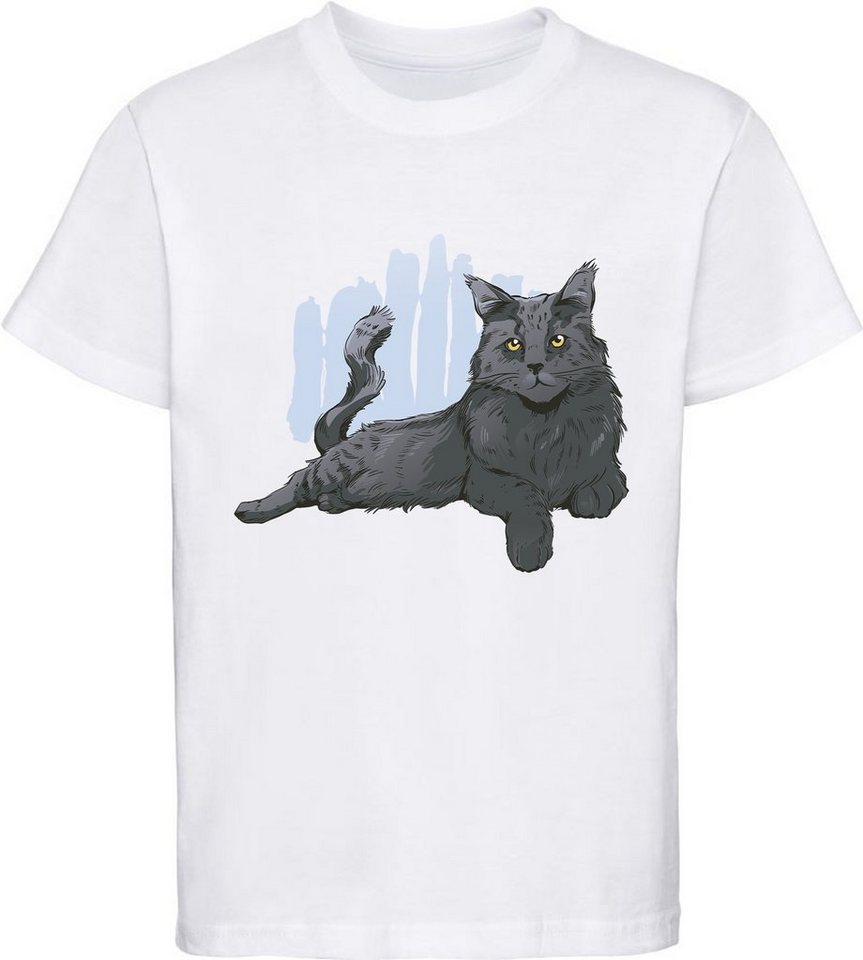 MyDesign24 Print-Shirt bedrucktes Mädchen T-Shirt mit liegender schwarzer Katze 100% Baumwolle mit Katzen Aufdruck, weiß, schwarz, rot, rosa, i108 von MyDesign24