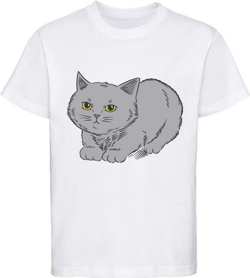 MyDesign24 Print-Shirt bedrucktes Mädchen T-Shirt mit niedlicher grauen Katze Baumwollshirt mit Katze, weiß, schwarz, rot, rosa, i107 von MyDesign24