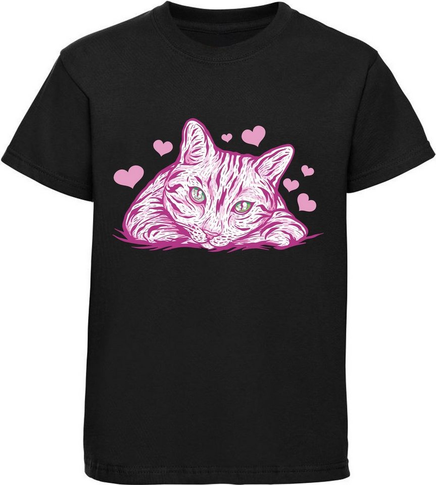 MyDesign24 Print-Shirt bedrucktes Mädchen T-Shirt rosa Katze mit Herzen Baumwollshirt mit Aufdruck, weiß, schwarz, rot, i122 von MyDesign24