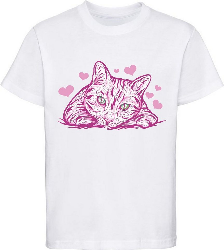 MyDesign24 Print-Shirt bedrucktes Mädchen T-Shirt rosa Katze mit Herzen Baumwollshirt mit Aufdruck, weiß, schwarz, rot, i122 von MyDesign24